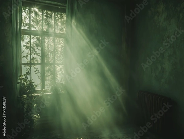 Fototapeta Sunbeams stream through a dusty window, illuminating an abandoned room with overgrown plants. The image evokes nostalgia, decay, and nature reclaiming space, melancholy, depressive place . 
