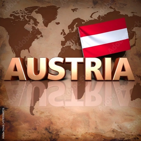 Fototapeta "AUSTRIA" in bold letters stands out on a vintage map, accompanied by the country’s flag. The design highlights geography, patriotism, and Austrian identity.