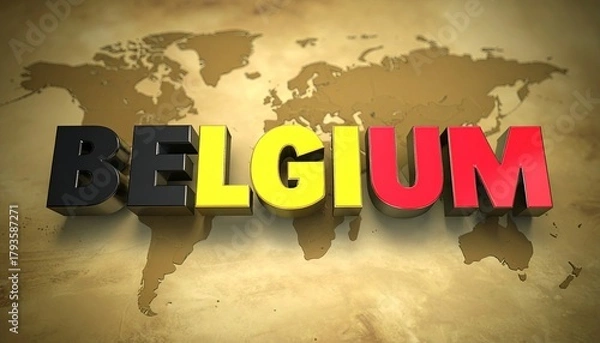 Fototapeta Bold, colorful 3D letters spelling "BELGIUM" rise above a world map, celebrating national identity. The design showcases geography, patriotism, and cultural pride.