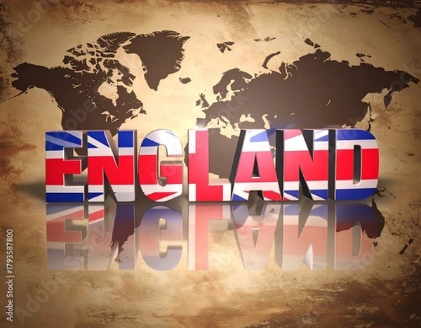 Fototapeta Vibrant, 3D letters spelling "ENGLAND" stand out on a vintage world map, celebrating national identity. The design captures geography, patriotism, and British heritage.