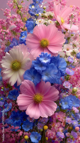 Obraz Gęsta kompozycja delikatnych kwiatów w pastelowych odcieniach różu i błękitu, w tym duże kwiaty kosmosu, tworząca bukiet lub tło w stylu wiosennym.