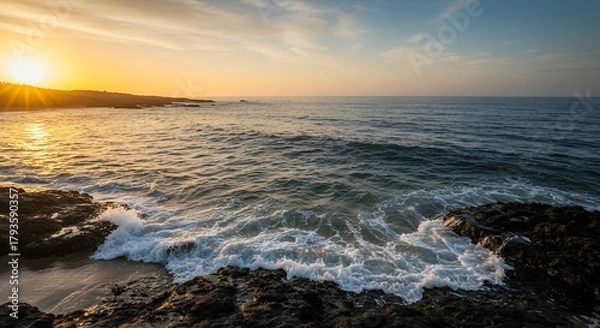 Obraz Sunset Over Ocean Waves Crashing on Rocks