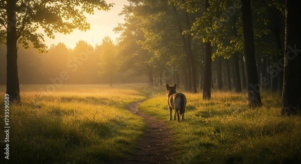 Fototapeta Dog Standing on Path in a Sunny Forest