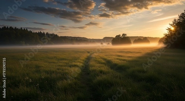 Fototapeta Sunrise Over Grassy Field and Forest with Fog
