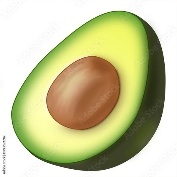 Fototapeta Avocado – a symbol of health and natural freshness
Half a ripe avocado with a large brown pit in the center. The vibrant green-yellow flesh and deep dark green skin highlight the naturalness