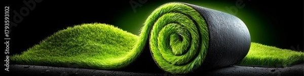 Fototapeta A rolled-up artificial turf unfurls to reveal lush, vibrant green grass beneath. evoking tranquility and wellness, freshness, transformation, and the allure of outdoor spaces indoors.