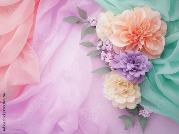 Obraz Pastel fabric background with delicate paper flowers including peach lavender and cream blooms green leaves and small pink accents creating soft romantic and elegant composition