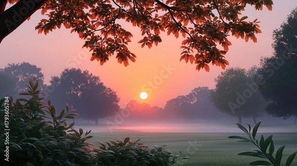 Obraz Sunrise landscape with orange sky, misty field, and trees in background, leafy branches in foreground, peaceful and serene morning atmosphere