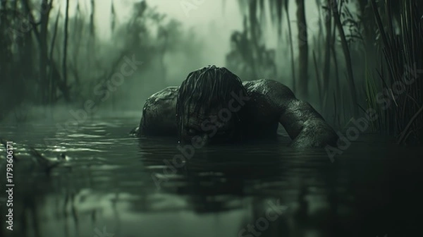 Fototapeta A shadowy figure lurks half-submerged in murky swamp waters, surrounded by dense, eerie vegetation. The scene evokes tension, survival, and haunting atmosphere.