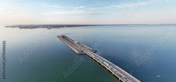 Fototapeta Aerial View Of Long Monitor Merrimac Memorial Bridge Tunnel crossing tranquil blue water of Hampton Roads Channel with a distant harbor and open sky