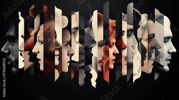 Fototapeta Fragmented, layered faces create a surreal, monochromatic collage of human expressions. The image evokes complexity, identity,  modern artistry, humanity diversity of species, inclusiveness concept.