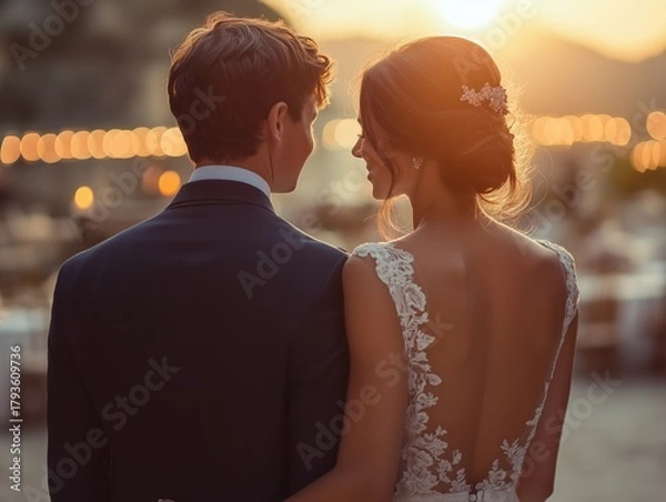 Fototapeta A couple gazes at a golden sunset, exuding love, warmth, and timeless connection. The scene captures intimacy, beauty, and serene moments.