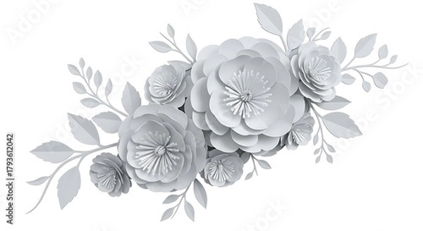 Obraz Delicate white paper flowers arranged in a beautiful floral bouquet on a white background
