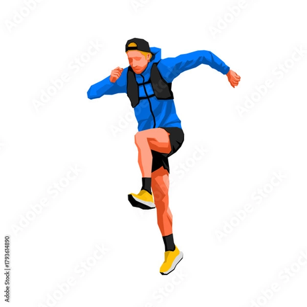 Obraz Illustration of an athletic trail runner man in sportswear performing a high jump with energy and focus.