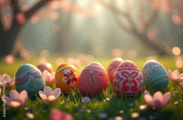 Obraz Easter eggs, bunny and spring flowers on meadow. Easter concept