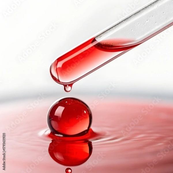 Fototapeta Red Liquid Drop Forming a Perfect Sphere on Water Surface