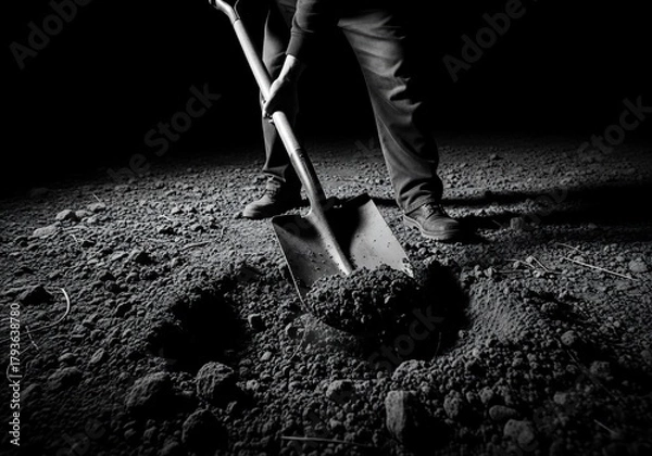 Fototapeta Monochrome Image of a Person Digging with a Shovel.