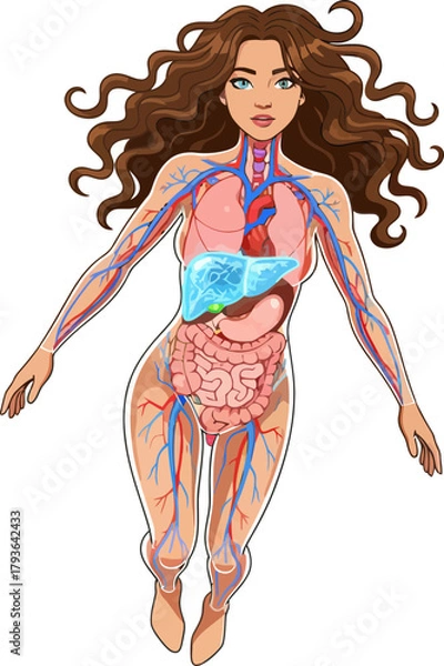 Fototapeta Illustration of the human body's internal anatomy with detailed organ and vascular system depiction on transparent background for educational purposes
