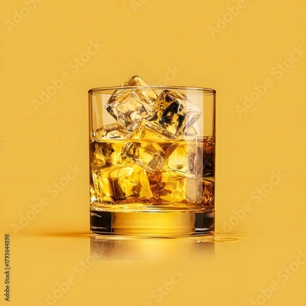 Fototapeta A glass filled with whiskey and ice cubes on a yellow background