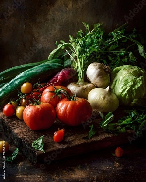 Obraz A variety of fresh vegetables arranged on a wooden surface