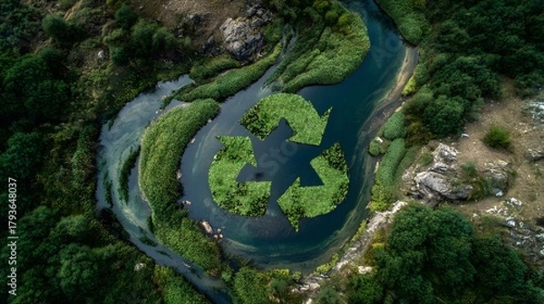 Fototapeta Aerial view of a river with a green recycling symbol formed by vegetation