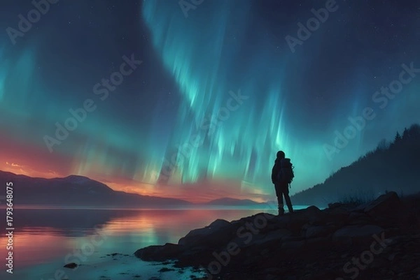 Fototapeta A silhouette of a person standing on a rocky shore under vibrant auroras