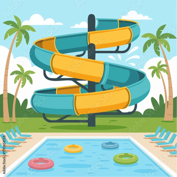 Fototapeta Water slide in a water park for summer recreation - 2D vector illustration