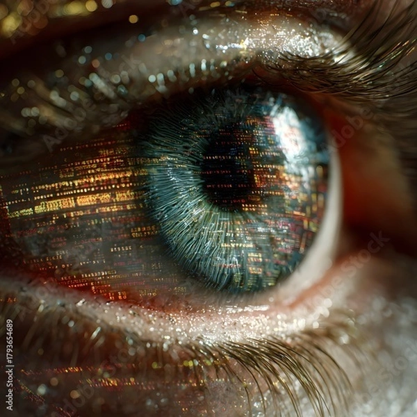 Obraz A close-up of an eye with a reflection of colorful digital data