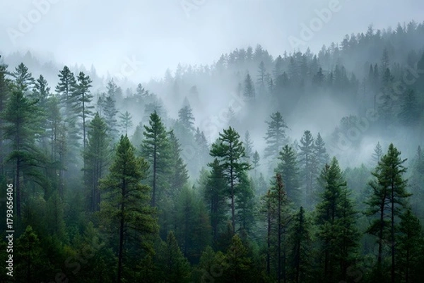 Fototapeta Dense evergreen forest shrouded in mist
