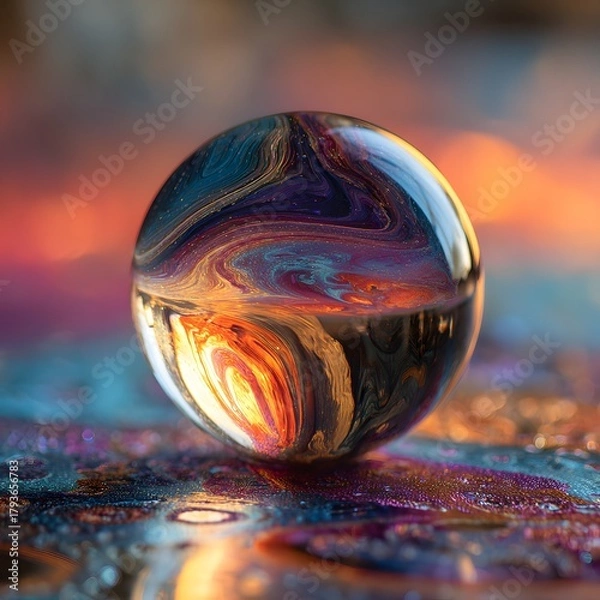 Fototapeta A colorful glass marble resting on a reflective surface with swirling patterns