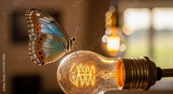 Fototapeta A butterfly resting on a vintage filament bulb, surrounded by a softly illuminated interior with warm cozy hues