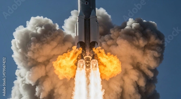 Fototapeta Close-up of a rocket igniting its engines, vibrant flames and smoke clouds bursting outward