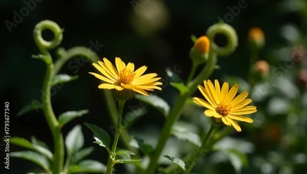 Obraz Close up of vibrant yellow daisy-like flowers blooming in sunlight