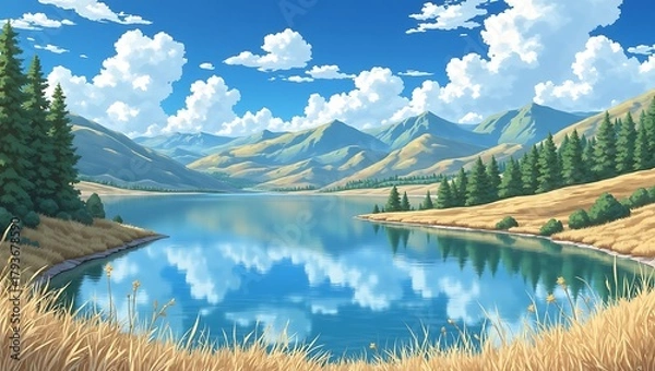 Obraz Serene mountain lake with reflections and golden grass under blue sky