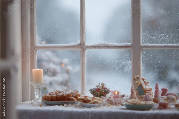 Obraz cozy indoor view through snowcovered window warm glow of candles reflected on glass