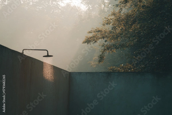 Obraz modern outdoor shower in spa area exudes tranquility with rain shower effect against textured stone wall