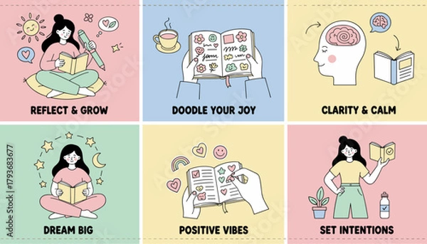 Fototapeta Pastel vector illustrations of selfcare and journaling activities for reflection and mental health