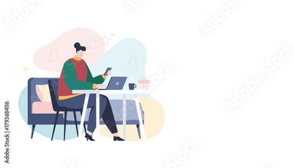 Fototapeta Professional works remotely on a laptop during the winter holidays multitasking with a phone