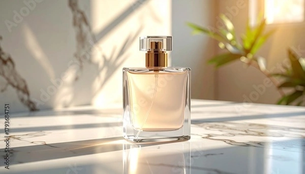 Fototapeta A sophisticated fragrance bottle basks in warm morning sunlight, casting shadows on a white marble table for a luxury cosmetic still life