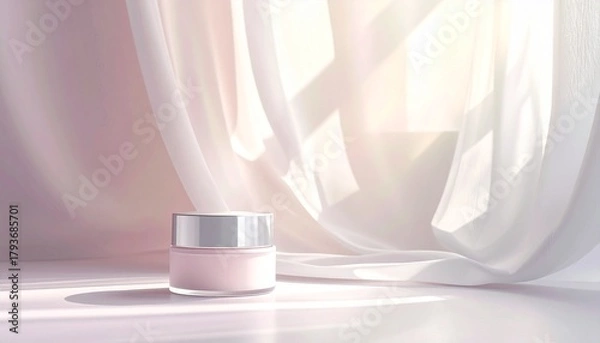 Obraz Elegant cosmetic product display featuring a pink cream jar on a sunlit surface against a backdrop of soft, flowing white fabric