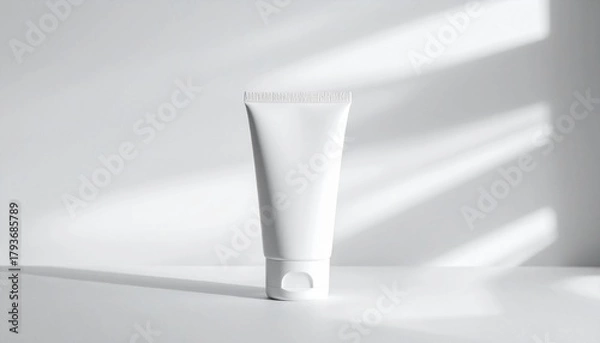 Obraz White plastic tube for cosmetics like cream or lotion. Blank product mockup for branding against a white background with aesthetic shadows from sunlight