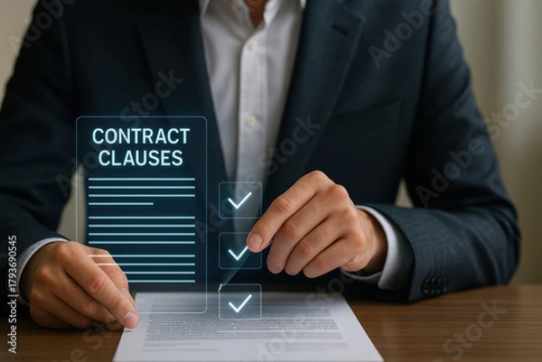 Obraz Contract clauses document business legal agreement concept with businessman checking checklist on paper, professional suit, office background, close up hands