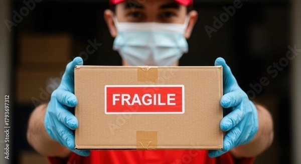 Fototapeta A delivery person in a mask and gloves holds a fragile package