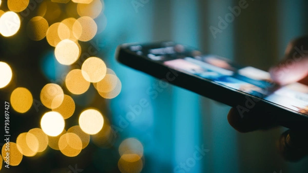 Fototapeta Hand flips through photos on a smartphone at night in front of a Christmas tree