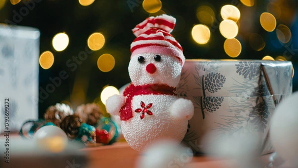 Obraz Christmas puppet on a table in front of the tree and presents