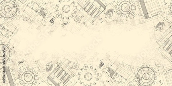 Fototapeta Mechanical engineering drawings on sepia background. Cutting tools, milling cutter. Technical Design. Cover. Blueprint. Horizontal seamless pattern. Vector illustration.