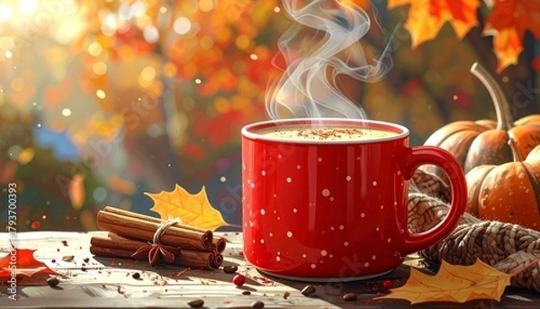 Fototapeta Coffee mug with polka dots and cinnamon steam rising.