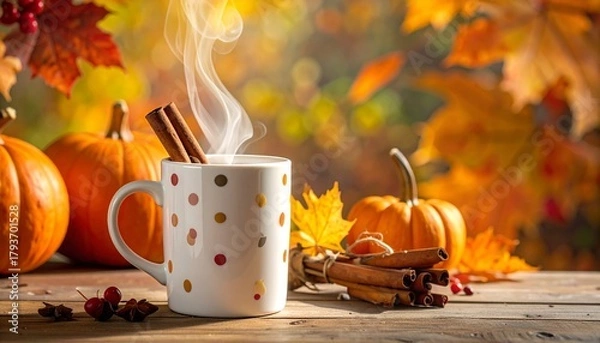 Fototapeta Coffee mug with polka dots and cinnamon steam rising, cozy Thanksgiving feel.
