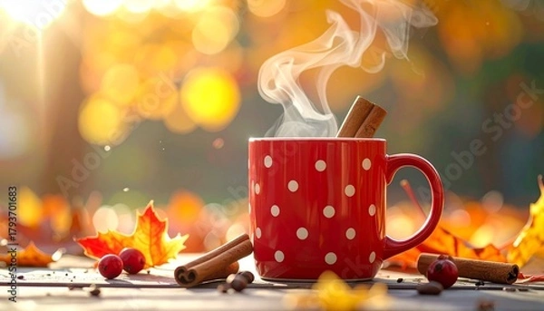 Fototapeta Coffee mug with polka dots and cinnamon steam rising.