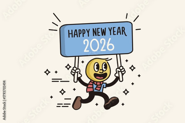 Fototapeta New year 2026 banner. Character holding 2026 sign. Happy new year background vector illustration